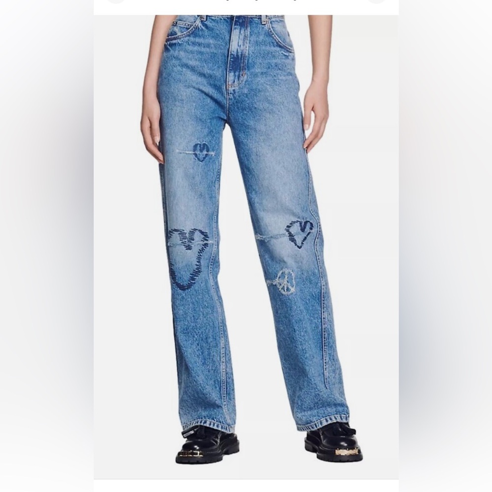Sandro Blue Straight Leg Jeans with Embroidery